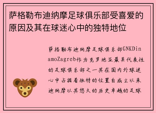 萨格勒布迪纳摩足球俱乐部受喜爱的原因及其在球迷心中的独特地位